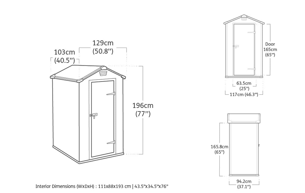 Keter Manor 4x3 Gartenhaus wetterfest, Kunststoff, Outdoor, Außenmaße: 128 x 94 x 196cm, Innenmaße: 111 x 88 x 193 cm, auch für kleine Gärten geeignet, grau