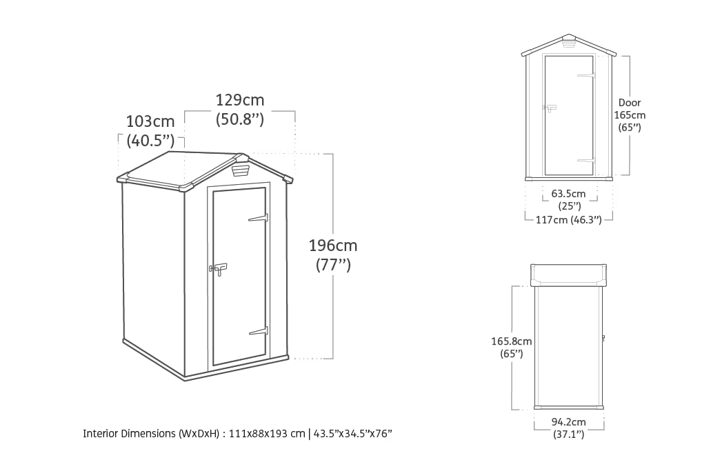 Keter Manor 4x3 Gartenhaus wetterfest, Kunststoff, Outdoor, Außenmaße: 128 x 94 x 196cm, Innenmaße: 111 x 88 x 193 cm, auch für kleine Gärten geeignet, grau