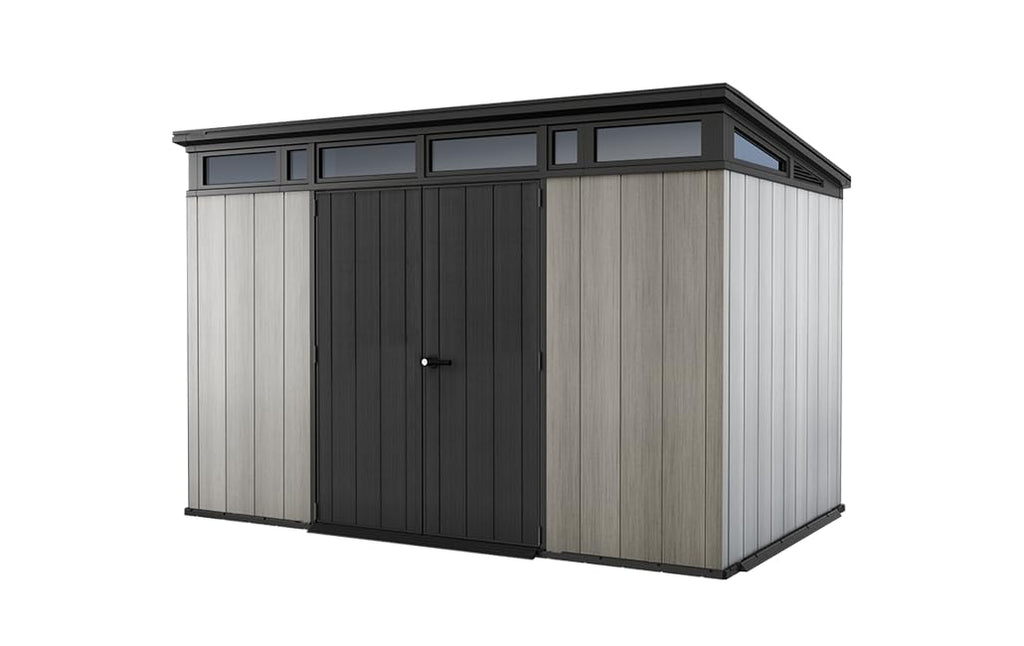 Keter Kunststoff Gerätehaus 11x7 – Wetterfestes Gartenhaus mit Boden, Doppeltüren & Fenster, Fahrradschuppen, Ideal für Outdoor-Geräteschuppen, 342x218x226cm
