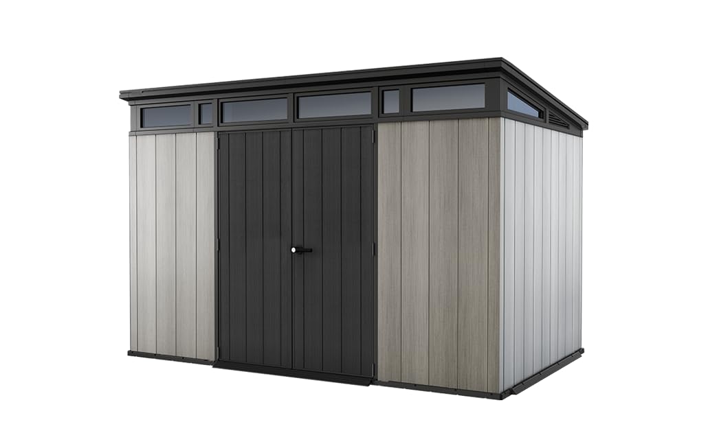 Keter Kunststoff Gerätehaus 11x7 – Wetterfestes Gartenhaus mit Boden, Doppeltüren & Fenster, Fahrradschuppen, Ideal für Outdoor-Geräteschuppen, 342x218x226cm