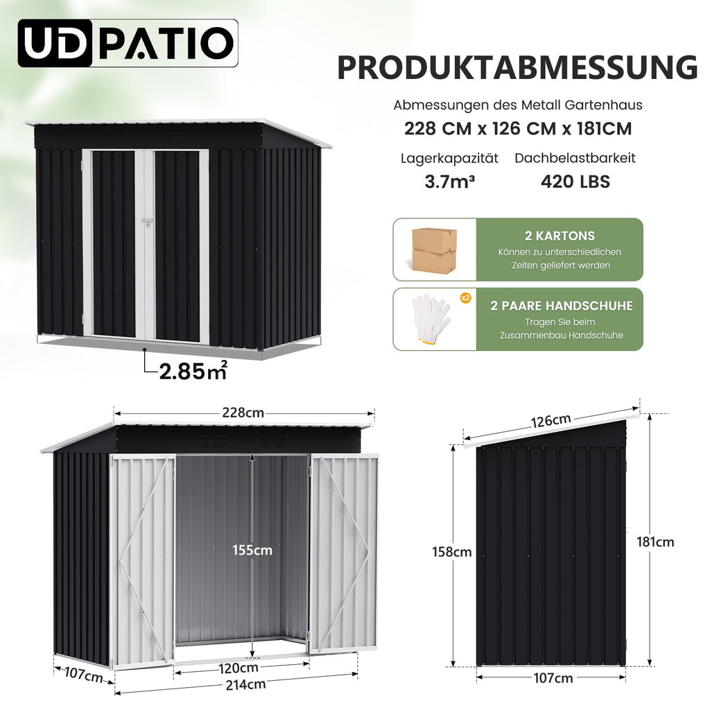 UDPATIO Metall Gartenhaus mit 4 m³ - 228 x 121 x 181 cm für den Außenbereich, Geräteschuppen, Fahrradgarage, Verzinkter Stahl mit Abschließbarer Tür für Hinterhof,Dunkelgrau