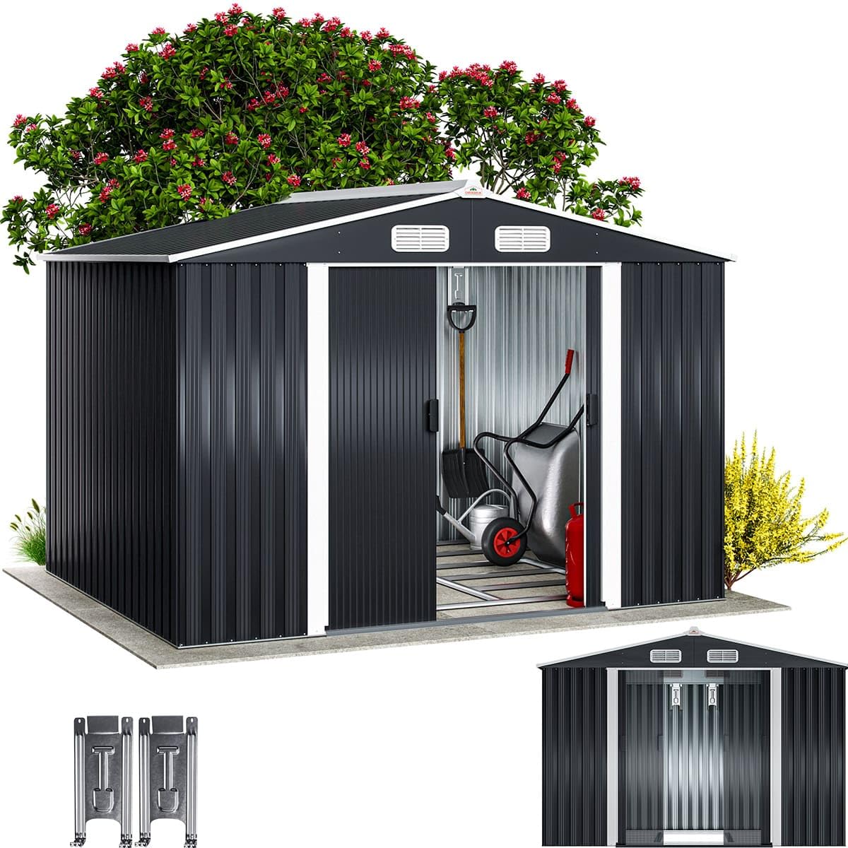 GARDEBRUK® XXL Metall Gerätehaus 5m² mit Fundament 257x205x178cm Schiebetür Anthrazit Geräteschuppen Gartenhaus 9m³