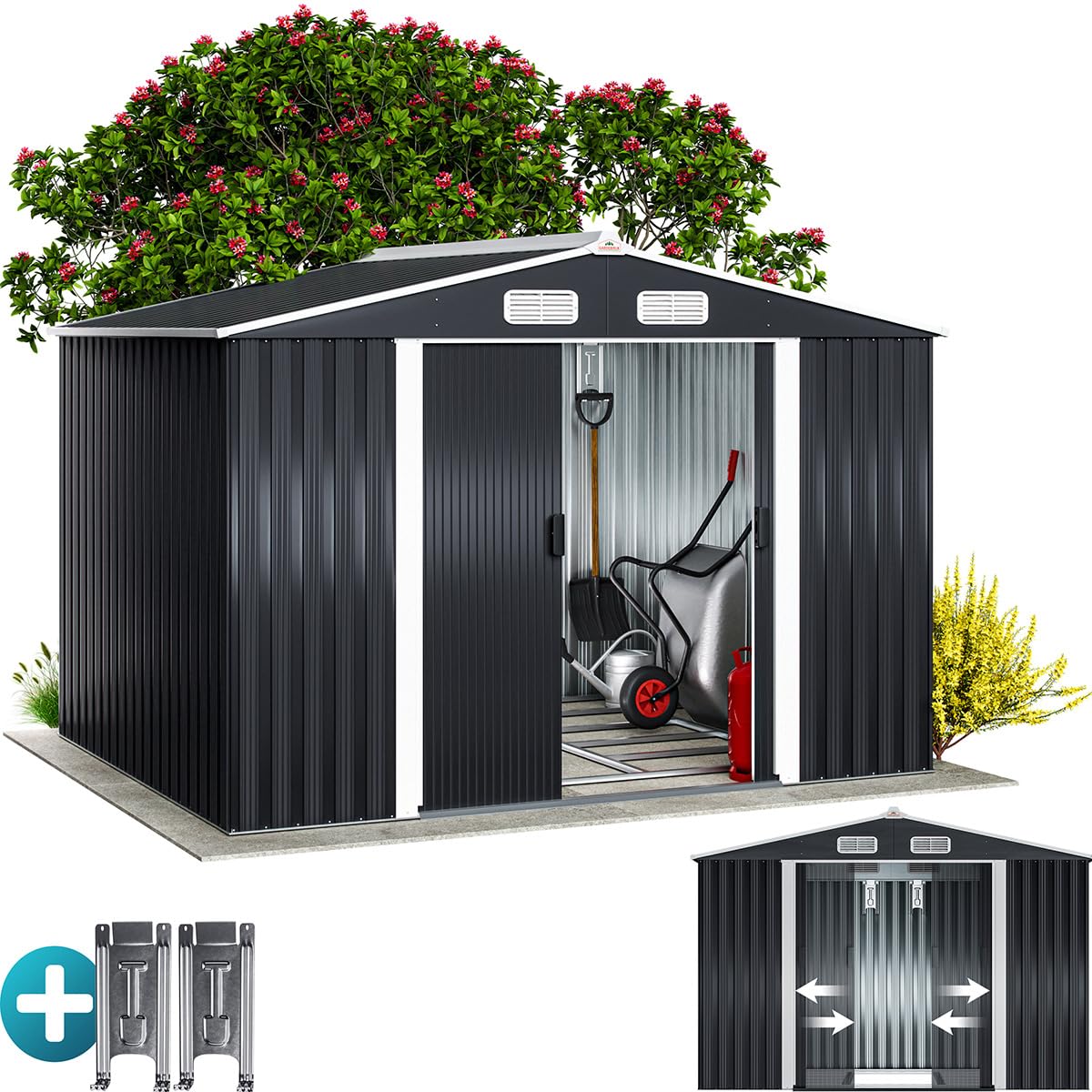 GARDEBRUK® XXL Metall Gerätehaus 5m² mit Fundament 257x205x178cm Schiebetür Anthrazit Geräteschuppen Gartenhaus 9m³