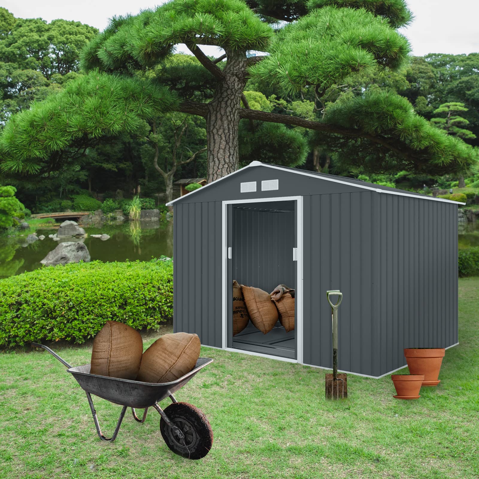 HATTORO S200 XXL Metall Gerätehaus 277x191x192cm Geräteschuppen Garten Schuppen Gartenhaus Satteldach (Anthrazit)