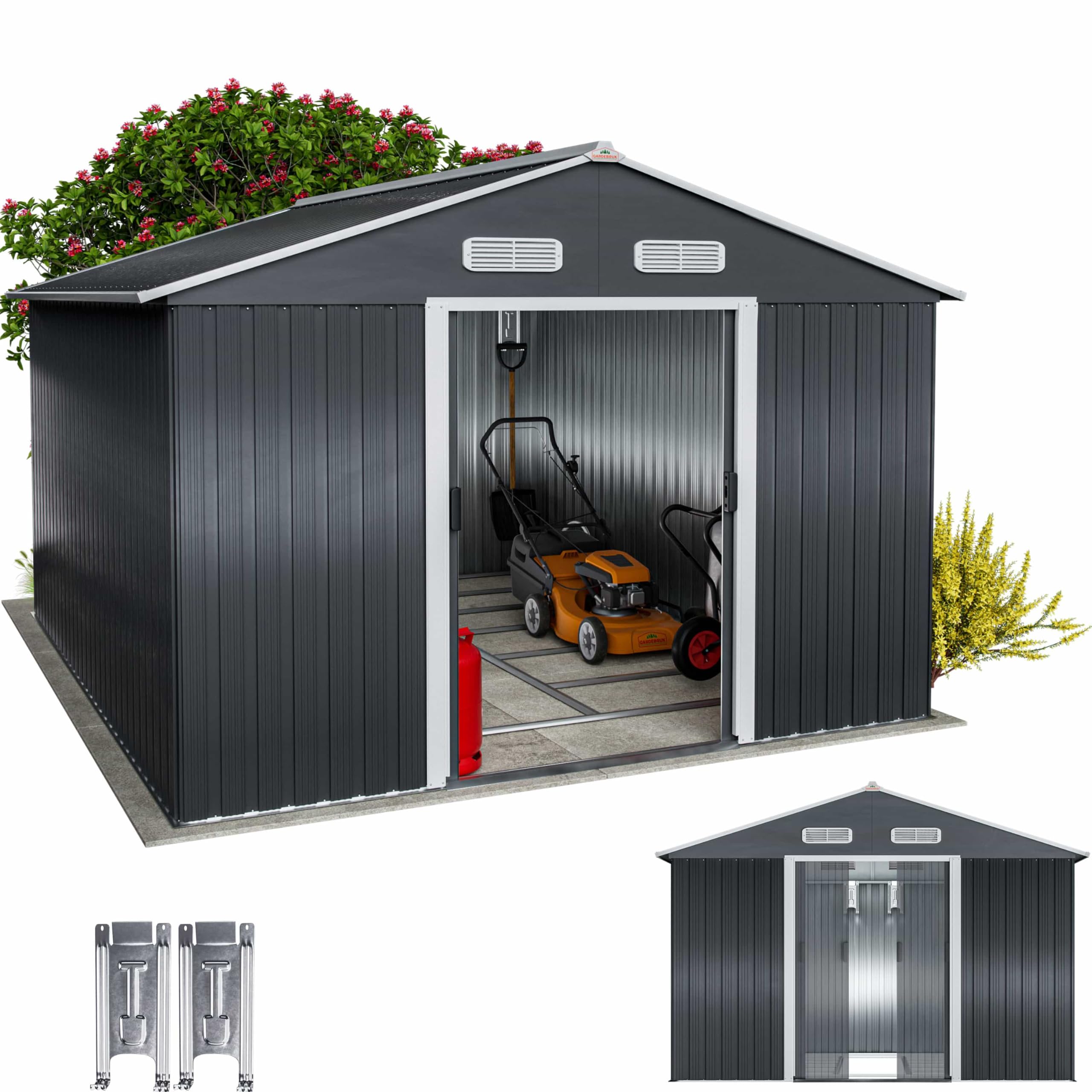 GARDEBRUK® XXXL Metall Gerätehaus 8m² mit Fundament 315x260x180cm Schiebetür Anthrazit Geräteschuppen Gartenhaus 15m³