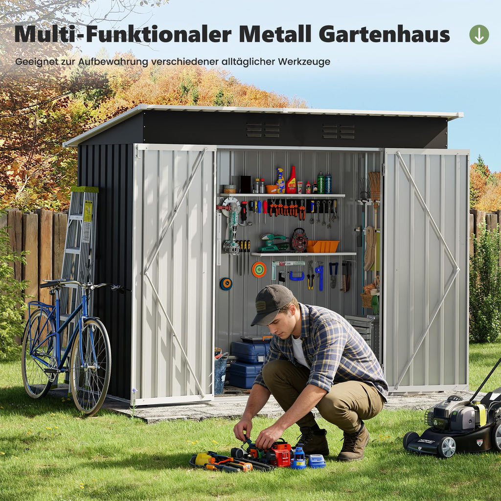 UDPATIO Metall Gartenhaus mit 4 m³ - 228 x 121 x 181 cm für den Außenbereich, Geräteschuppen, Fahrradgarage, Verzinkter Stahl mit Abschließbarer Tür für Hinterhof,Dunkelgrau
